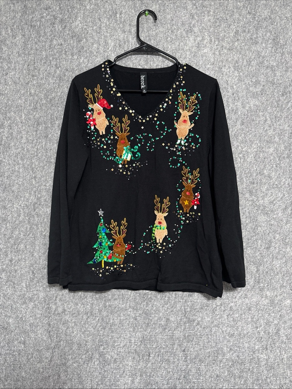berek Black V-Neck Long-Sleeve Sequin Reindeer & Tree Sweater